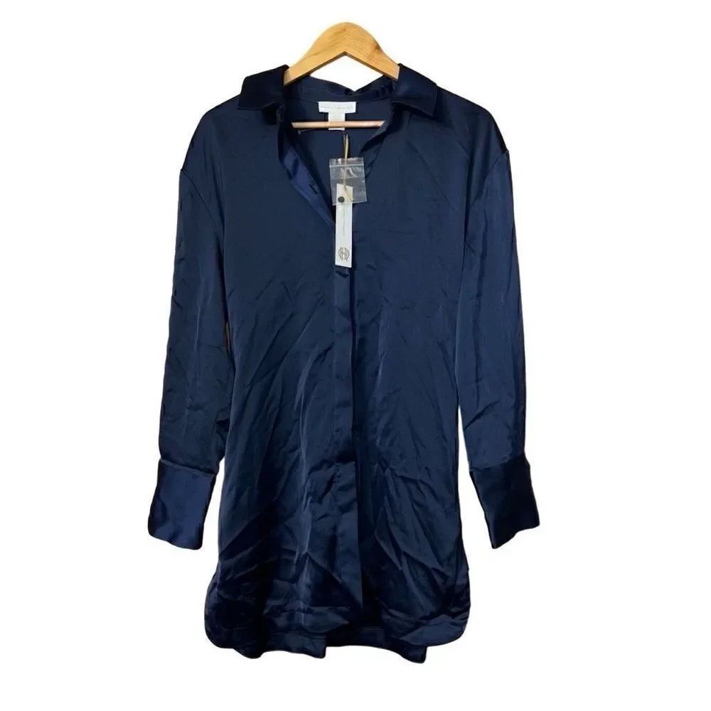 HOUSE OF HARLOW 1960 Women Long Sleeve Button Up Tunic Blouse Small Navy Satin n